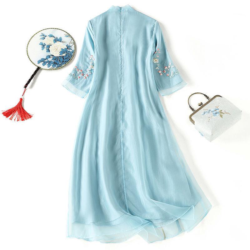 Floral Embroidered Cheongsam Women Retro Short Sleeve Chiffon Dresses Chinese Style Vintage Tang Dresses Summer Fashion