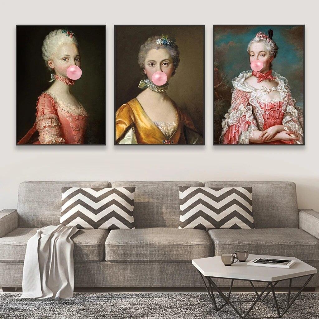 Elegant Lady Bubblegum Art Print Classical Oil Painting Canvas Prints Retro Woman Portrait Canvas Painting Renaissance Art Decor