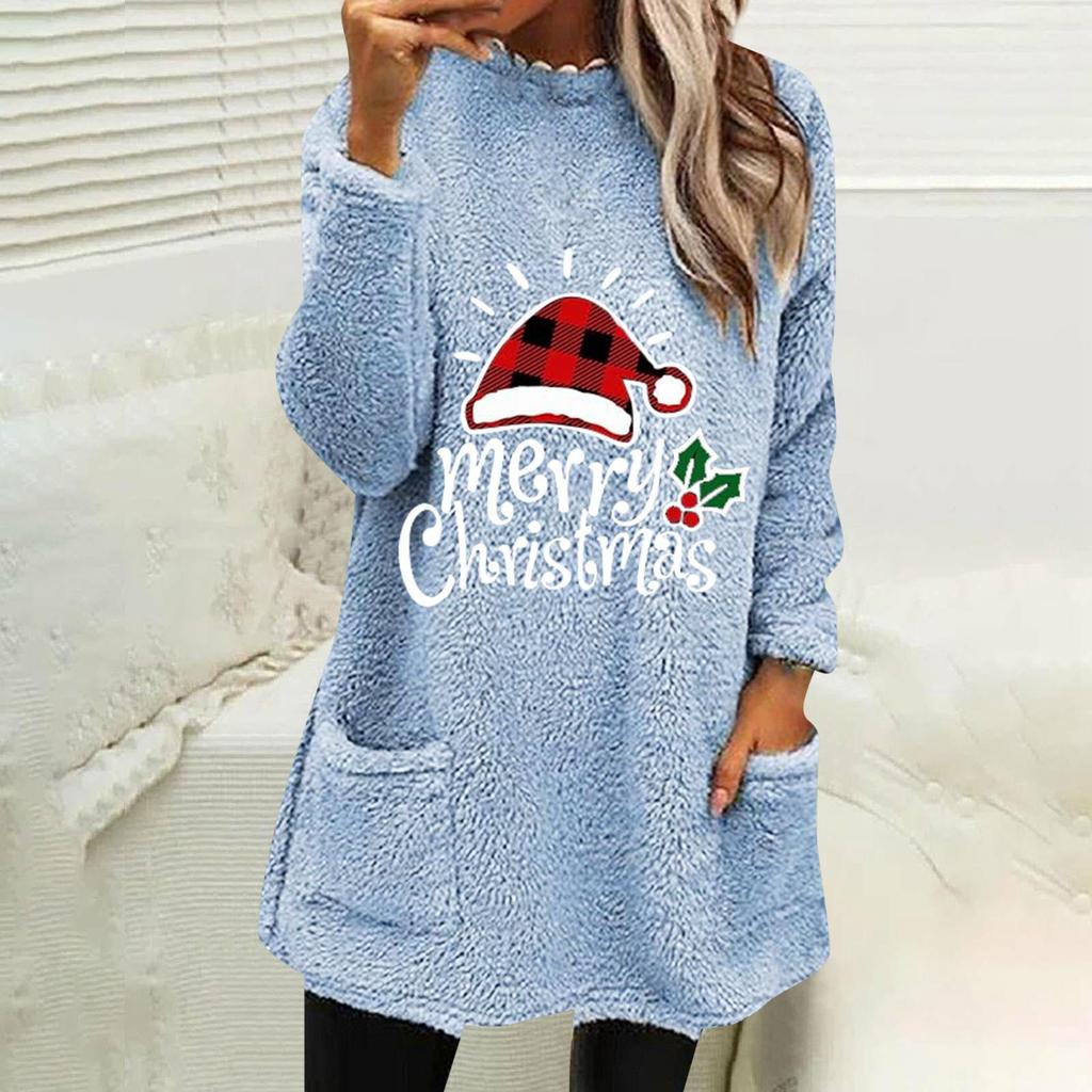 Autumn Winter Loose-Fit Christmas Letter Print Plush Hoodie with Pocket