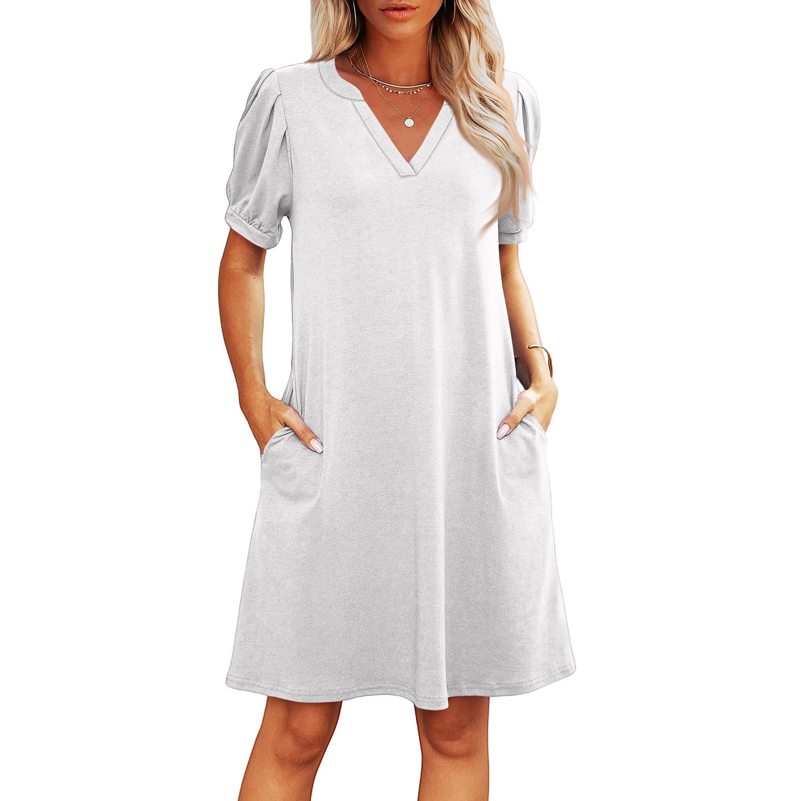 

Женские летние повседневные пляжные платья с V-образным вырезом, платья с коротким рукавом, однотонные платья XL белый