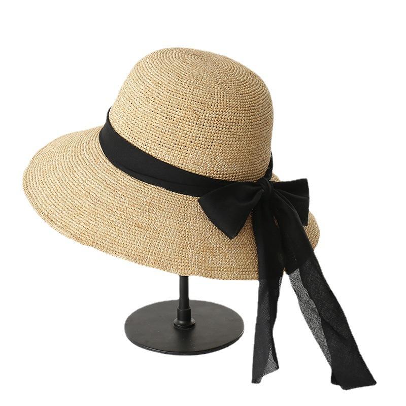 Summer new fashion foldable hand-woven raffia big eaves hat bow streamer beach sunshade raffia straw hat
