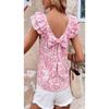 Women Fresh Pastoral Floral Print Back Bow Square Neck Ruffled Short Sleeve Blouse