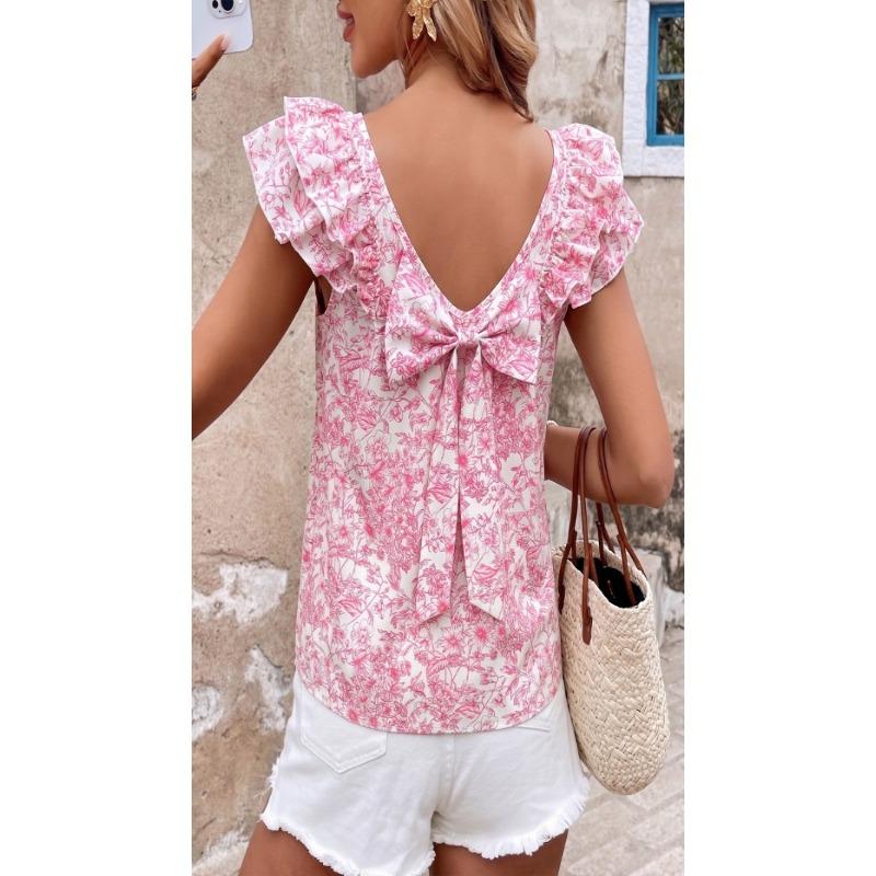 Women Fresh Pastoral Floral Print Back Bow Square Neck Ruffled Short Sleeve Blouse