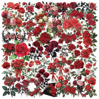 50 Transparente Retro Rote Rose Aufkleber Pack Wasserdicht Transparentes PET Handbuch Material Dekorativ Gitarre Notizbuch