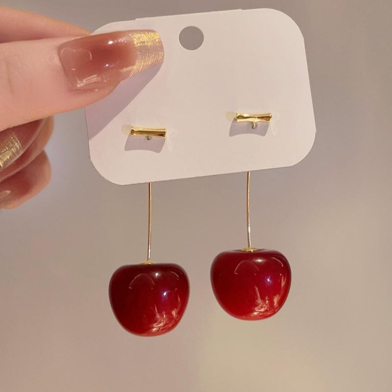 Dark Red Cherry Dangle Earrings for Women Trendy Fruit Cute Acrylic Round Long Cherries Drop Earrings Party Elegant Jewelry Gift