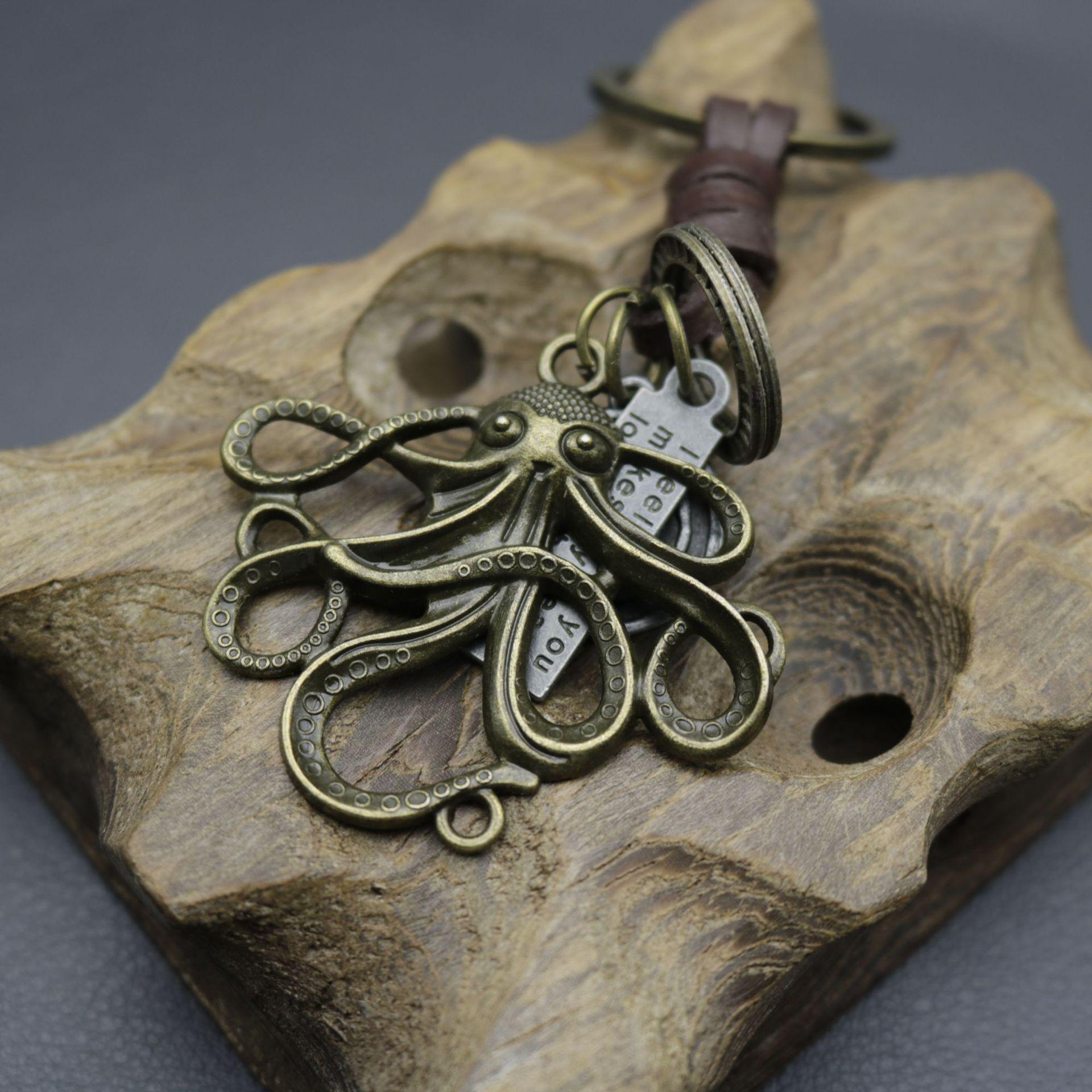 Men s Antique Bronze Octopus Woven Leather Keychain