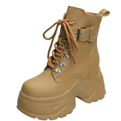 Moda 9CM Nowe Jesienne Botki na Platformie Wysokie Obcasy Kobiety Gruba Podeszwa Zimowe Skórzane Antypoślizgowe Buty Punk Ciężkie Motocyklowe Botki Kobieta