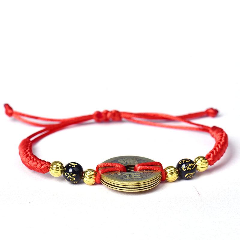 Brățară cu șir roșu, țesută manual, cu monede de cupru, a celor cinci împărați