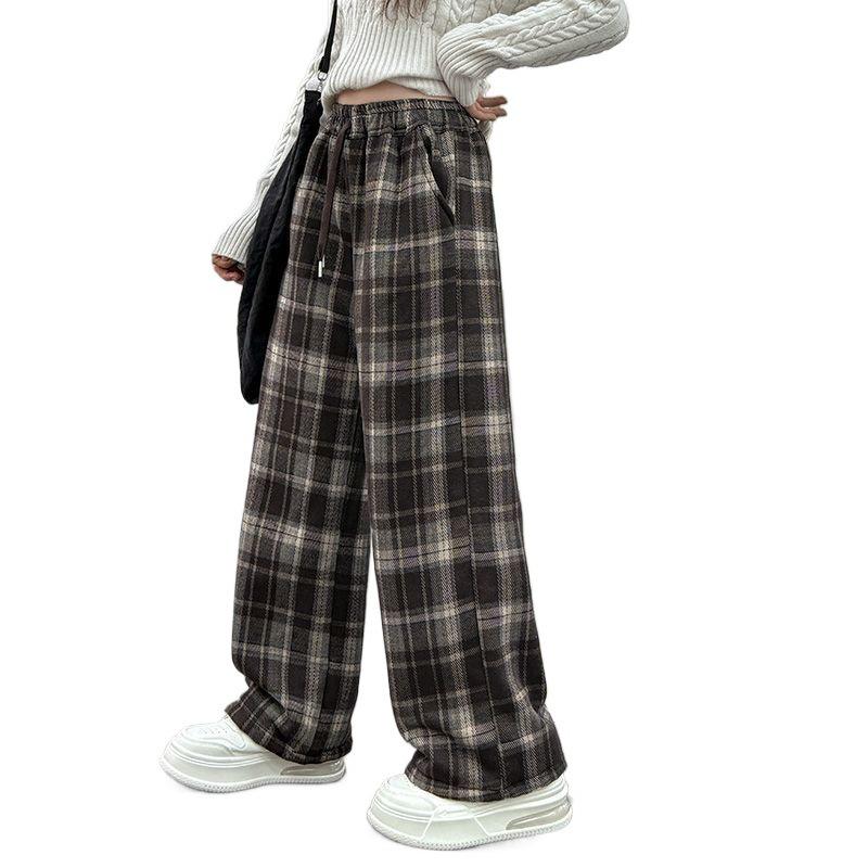 2025 Autumn/Winter Girls' Fashion Plaid Wide-Leg Barrel Pants - Stylish Casual Trousers for Kids