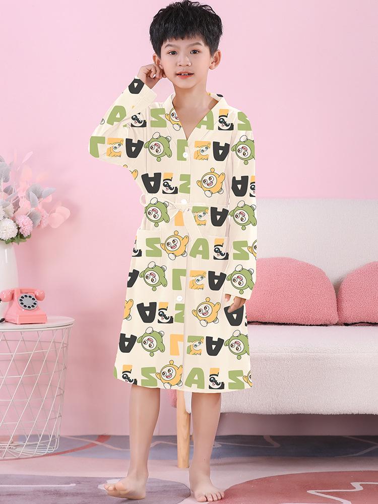 Girls' Combed Cotton Long-Sleeve Pajama Robe - Spring/Summer Bathrobe for Kids, Cute Sleepwear for Middle and Big Girls