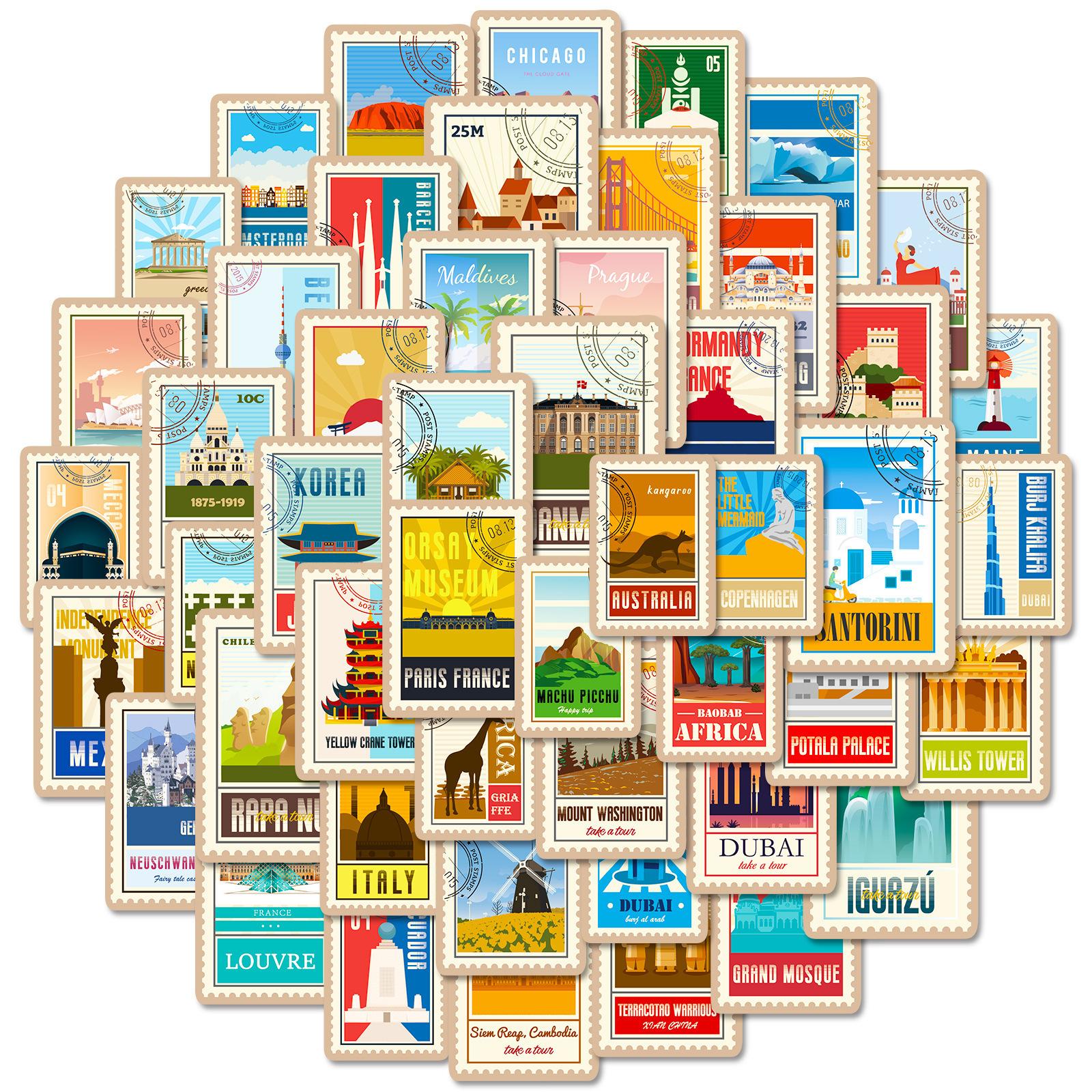 

50 World Landmark Stickers, Graffiti Architecture Landmark Stickers, Laptop Bike Car Stickers