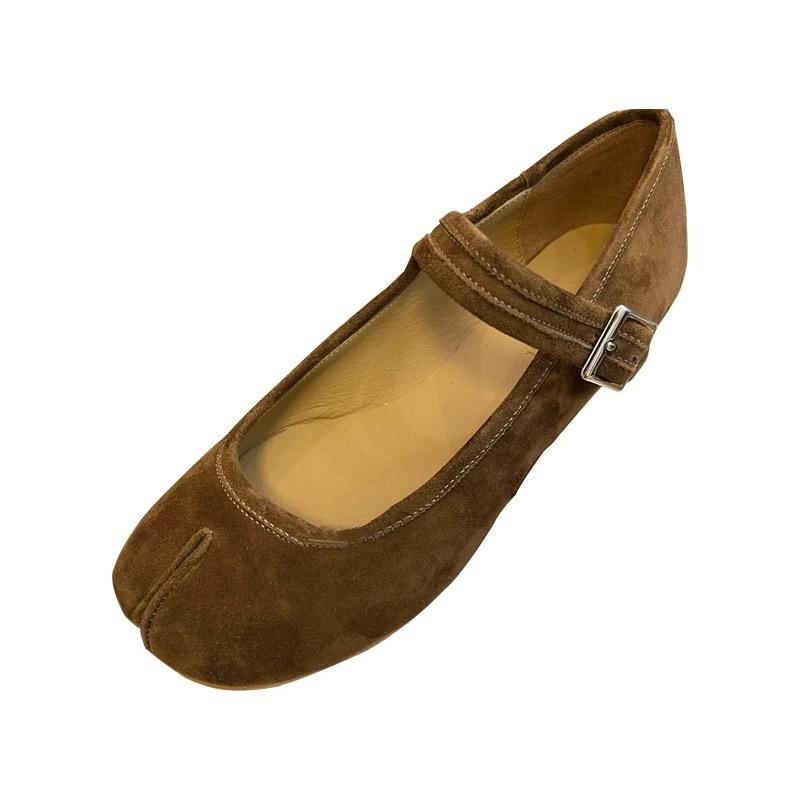 Leather suede niche pig's trotters split-toe single shoes women's 2025 spring versatile flat bottom shallow mouth one-word belt Mary Jane shoes