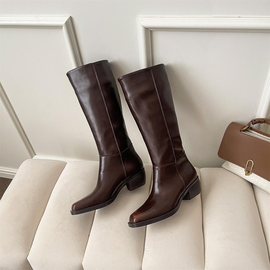 

Версия из коровьей кожи~ Кожаные ботильоны на толстом каблуке в британском стиле, ретро, тонкие, полированные, высокие ботфорты, новинка осени и зимы 40 коричневый