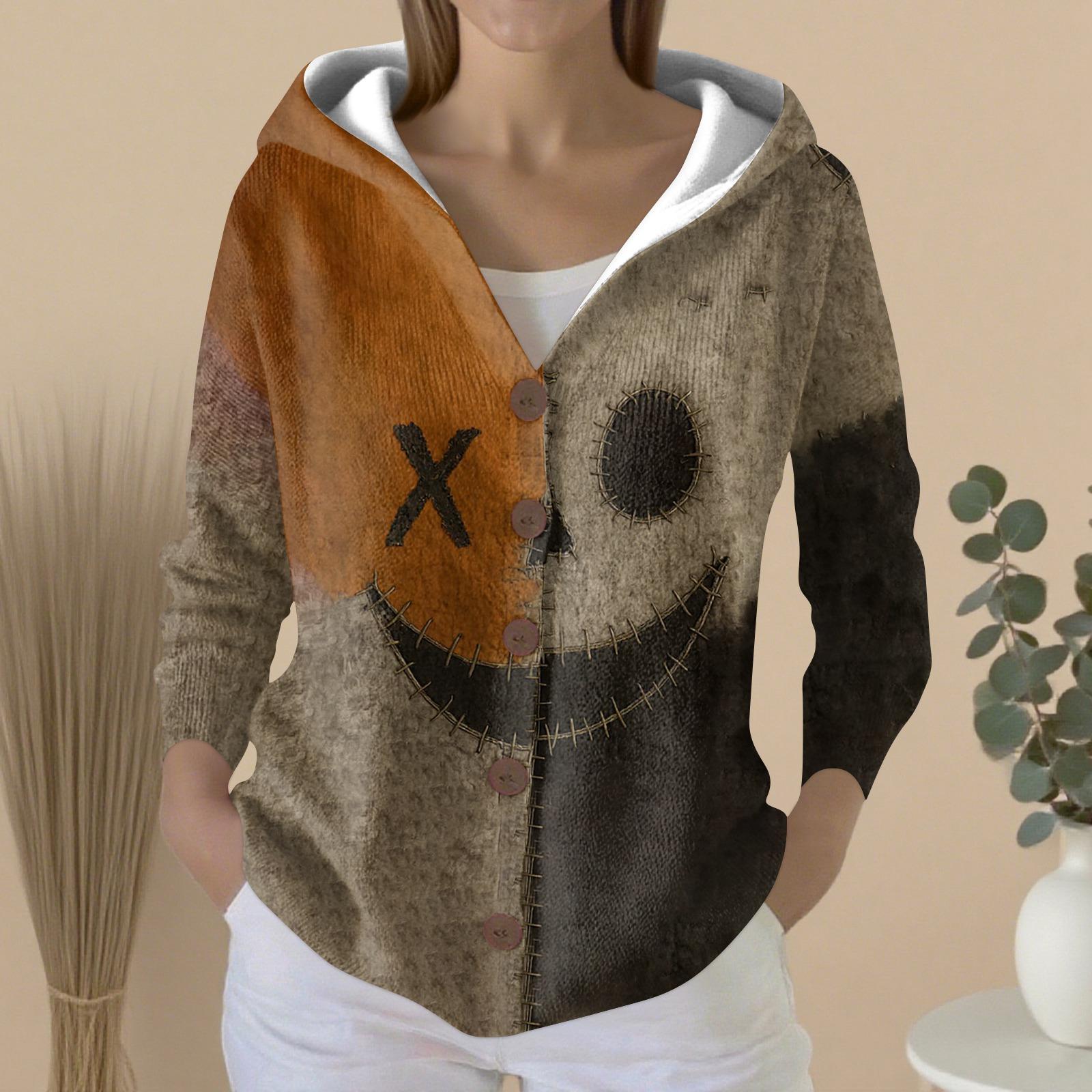 

Женский модный повседневный свитер на пуговицах с принтом, кардиган, куртка с капюшоном XXL