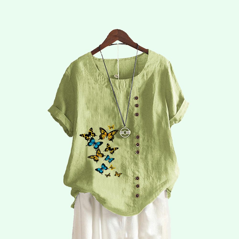 Tricou cu mânecă scurtă cu imprimeu de fluturi la modă pentru femei, ocazional de vară, cu gât rotund, bluze lejere din bumbac