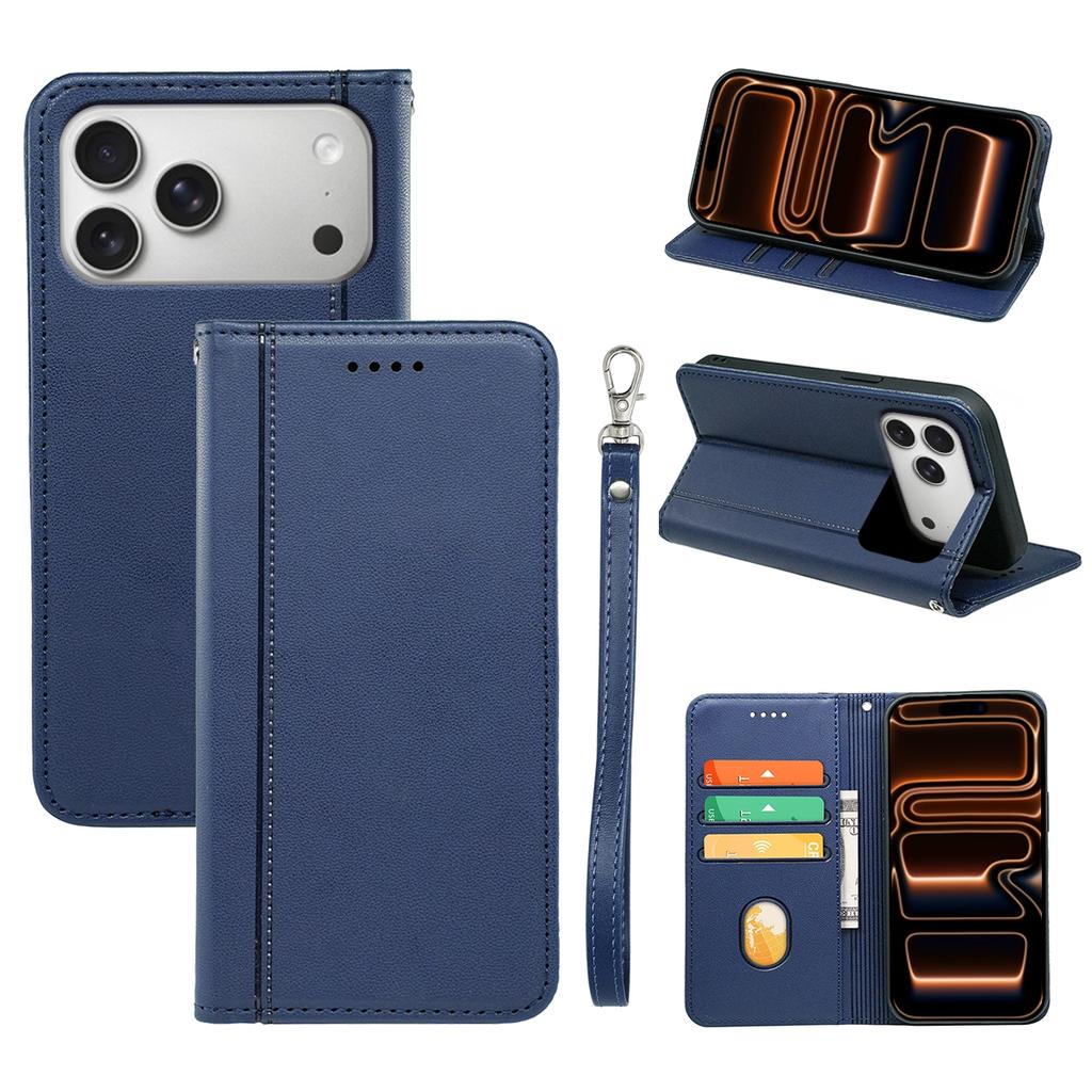 For iPhone 17 Pro Wallet Case Magnetic Closing PU Leather Phone Cover with Wrist Strap