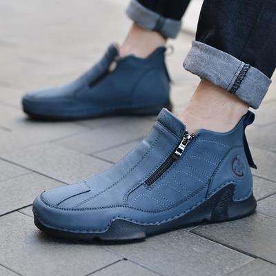 Zapatos de Cuero Hechos a Mano para Hombre Casuales de Cabeza Ancha Zapatos de Senderismo para Exterior de Caña Alta Azules para Conducir Talla Grande