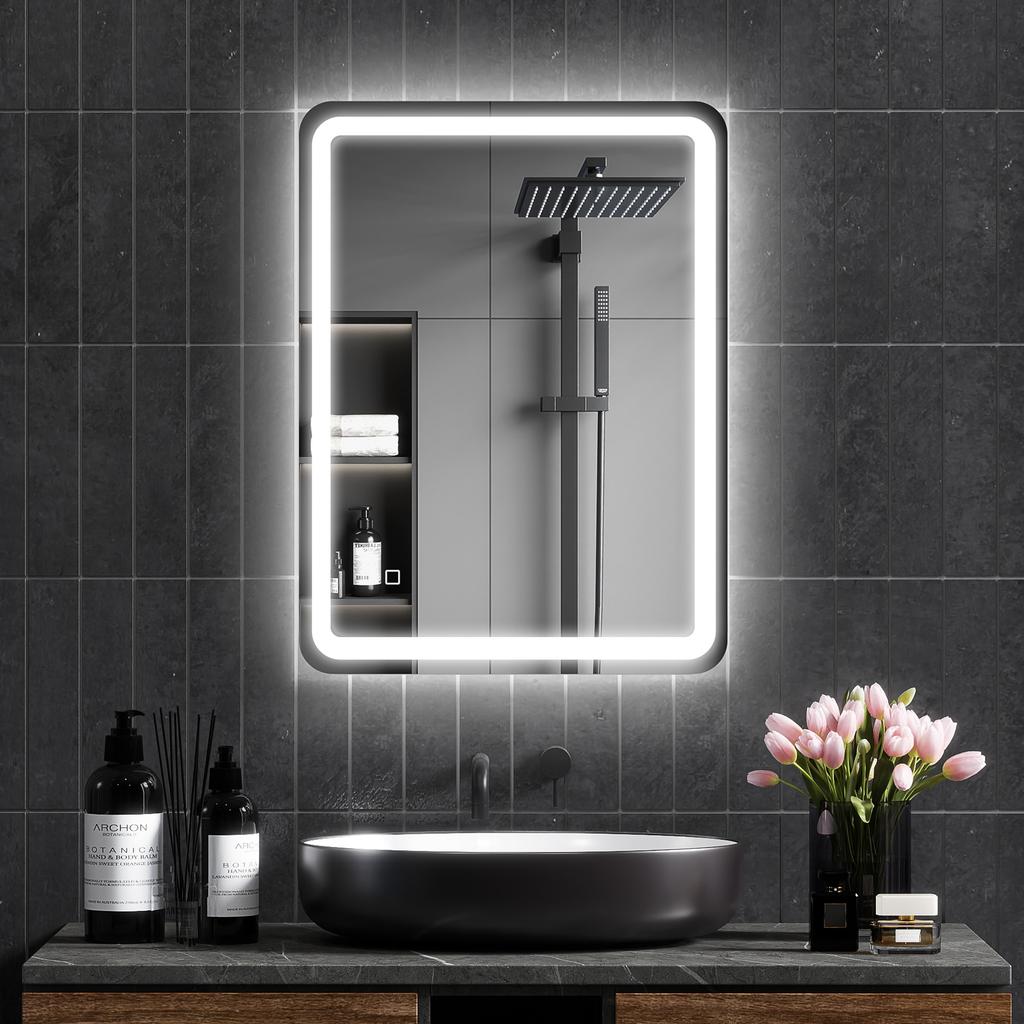 Bathroom Mirror, Illuminated, Touch Control, Fog-Free, Dimmable, 3 Light Colors, 60 x 80, Silver