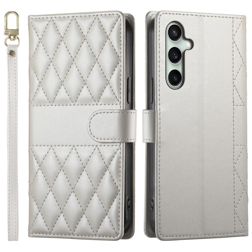 For Samsung Galaxy S24 FE Case Rhombus Stitching Wallet Stand Leather Phone Cover with Long/Short Strap