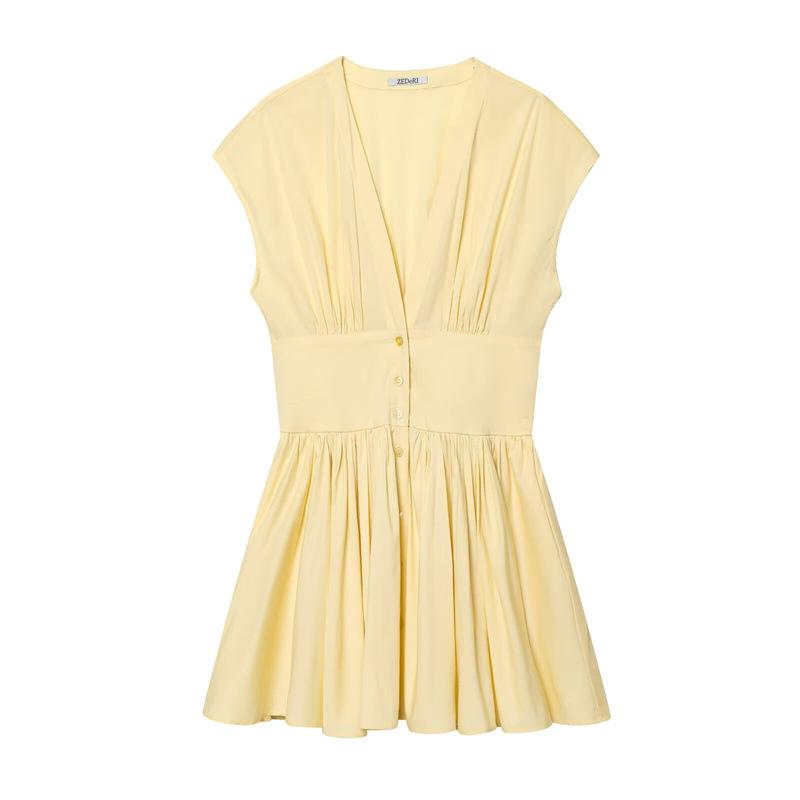2026 Spring New Women s Fashion Sexy Hot Girl V-Neck Solid Color Dress XS жёлтый