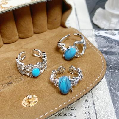 [Moire Songying] Imitation Blue Turquoise Retro Personalized Opening Ring Niche High-End Light Luxury Ring