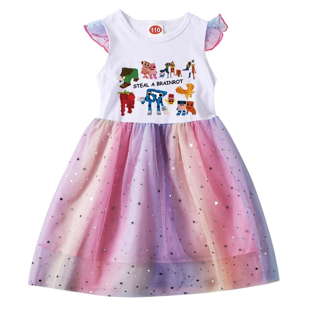 

9191 Kids Girls Steal a Brainrot 67 Six Seven Print Ruffle Short Sleeve Sequins Casual Rainbow Dress 100cm