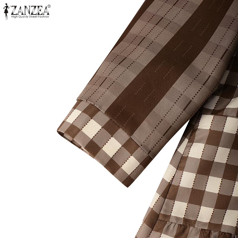 ZANZEA Rochie casual largă cu mâneci 3/4 și guler turn-down cu imprimeu carouri pentru femei