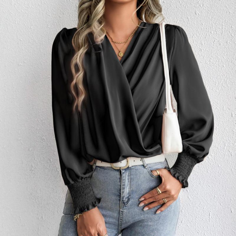 Women's Chiffon V-neck Lantern Sleeve Blouse - Solid Color Fashion Top