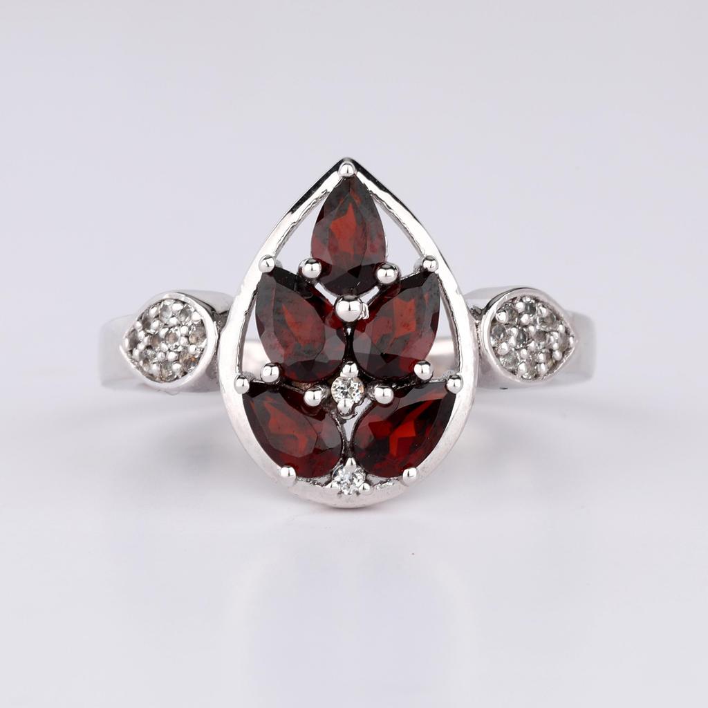 Garnet Floral Cluster Ring, 925 Sterling Silver, White Topaz Accents, January Birthstone