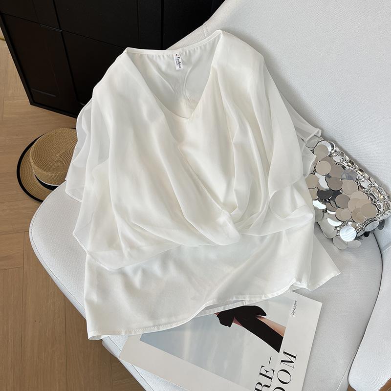 

Temperament chiffon shirt women s short-sleeved clothes 2025 new summer top with wide-leg pants bat shirt to cover the stomach summer M [Recommended below 50kg] білий