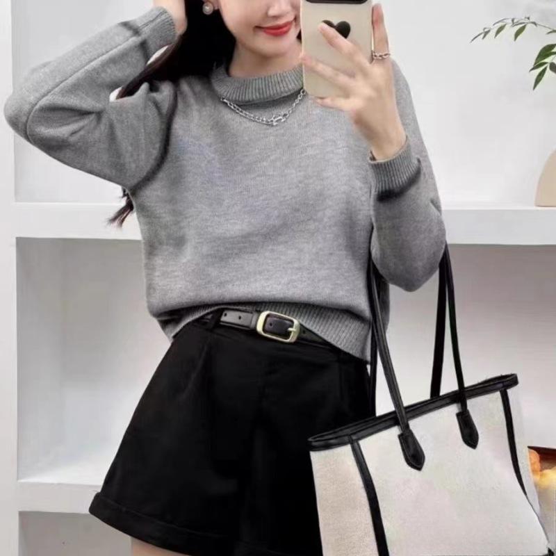 YYFS Женская мода Повседневный Осень Зима Однотонный Принт Длинный Рукав О-Образным Вырезом Свитера Size: One Size серый