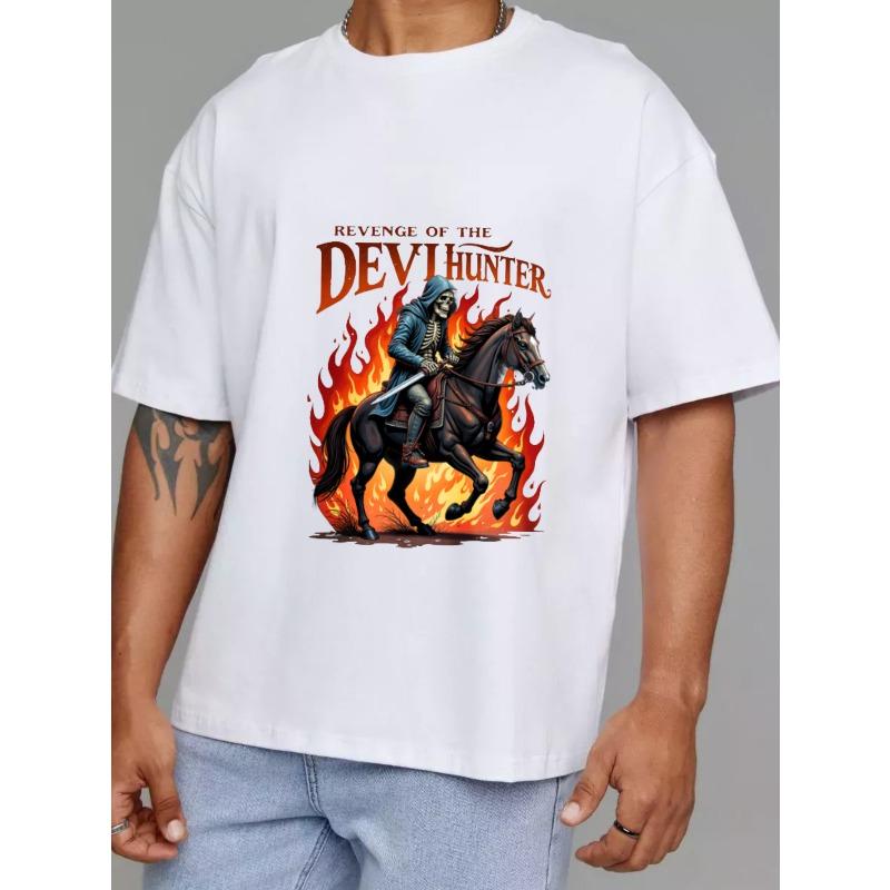 T Shirt White Revenge of The Devil Hunter Skeleton On Horse with Flames Graphic for Casual Wear