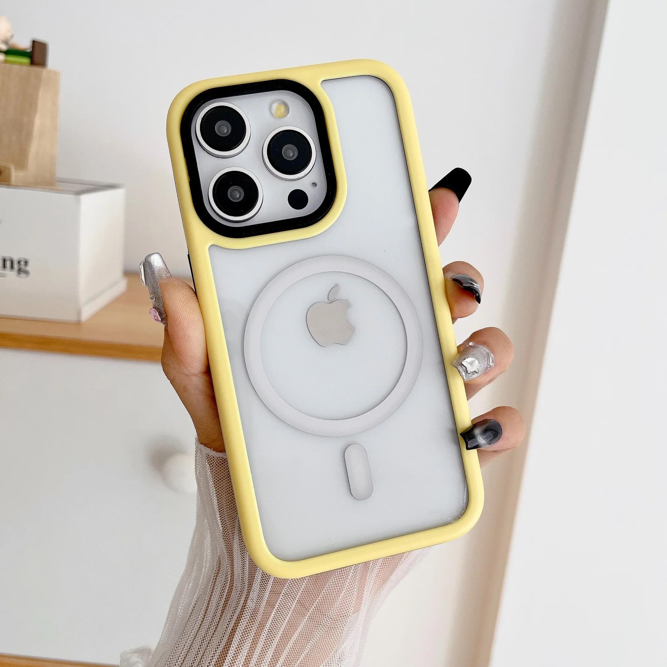 

Двухцветный прозрачный магнитный чехол для iPhone 16 Pro Max 16 Plus, чехол для беспроводной зарядки для iPhone 15 Pro 14 13, жесткие чехлы For iPhone 14 ProMax жёлтый