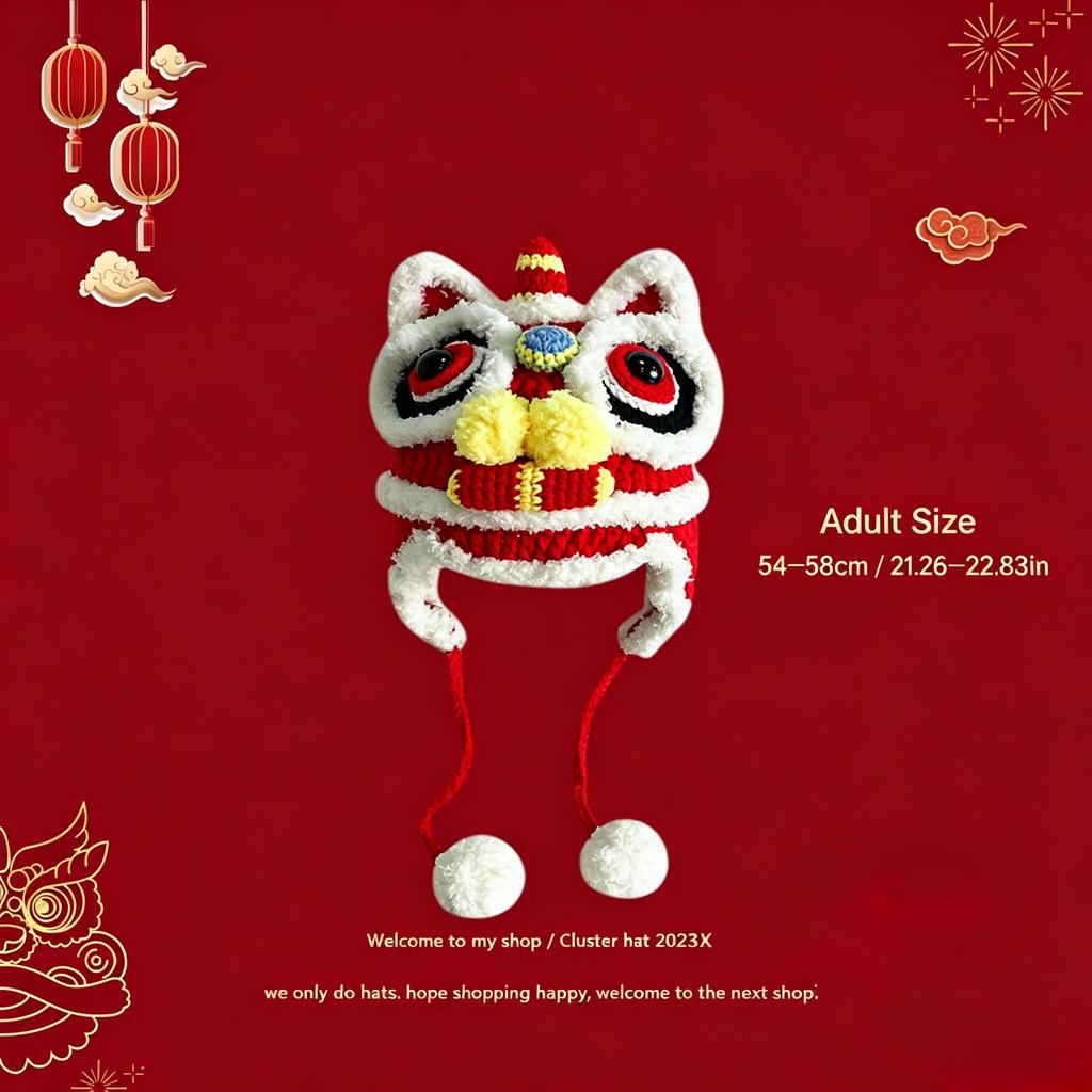 Hand‑Crochet Chinese Lion Dance Hat, Traditional New Year Knit Earflap Winter Party Festival Gift Beanie