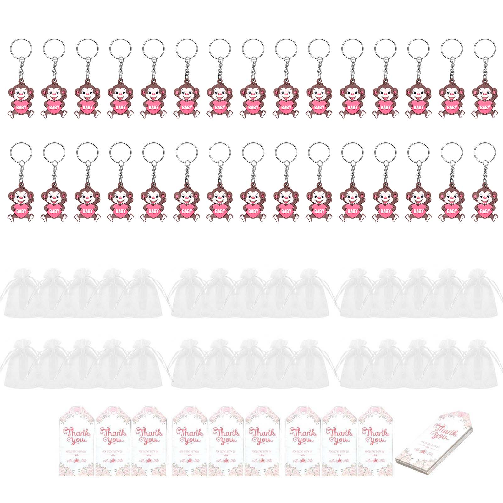 

30 шт./набор милый брелок для ключей в виде обезьяны с мешочками из органзы, благодарственная открытка для вечеринок по случаю рождения ребенка, декоративных украшений