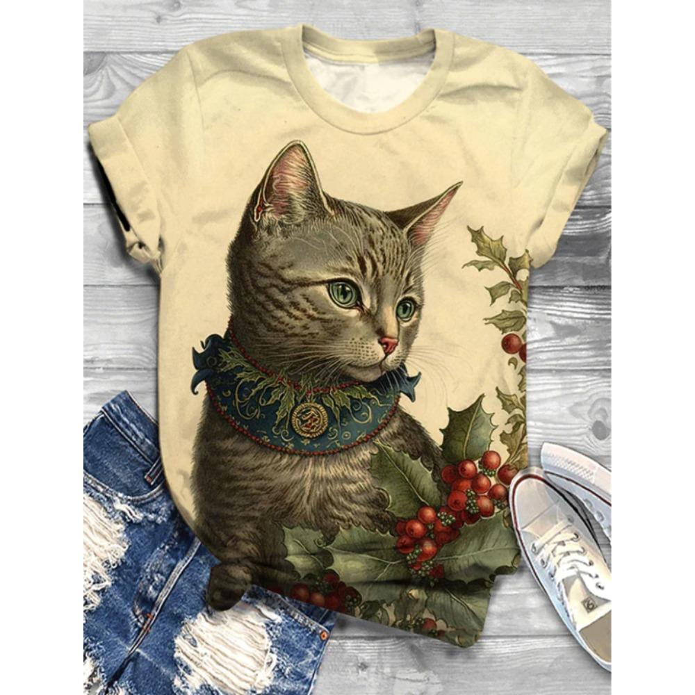 Fashion Women Retro Creative Cat Pattern Print T Shirt Funny Casual O-neck Short Sleeves T-shirt Summer Female Tee Shirt Halloween Limited Edition