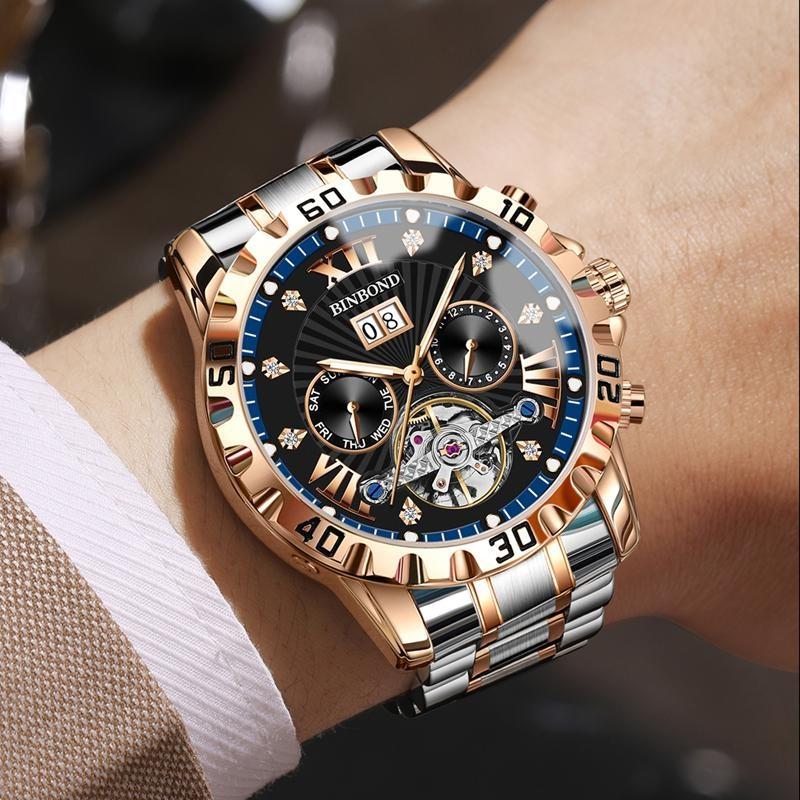 BINBOND Fashion Tourbillon Automatic Watch Men Luxury Skeleton Mechanical Wristwatch Stainless Steel Wristwatches