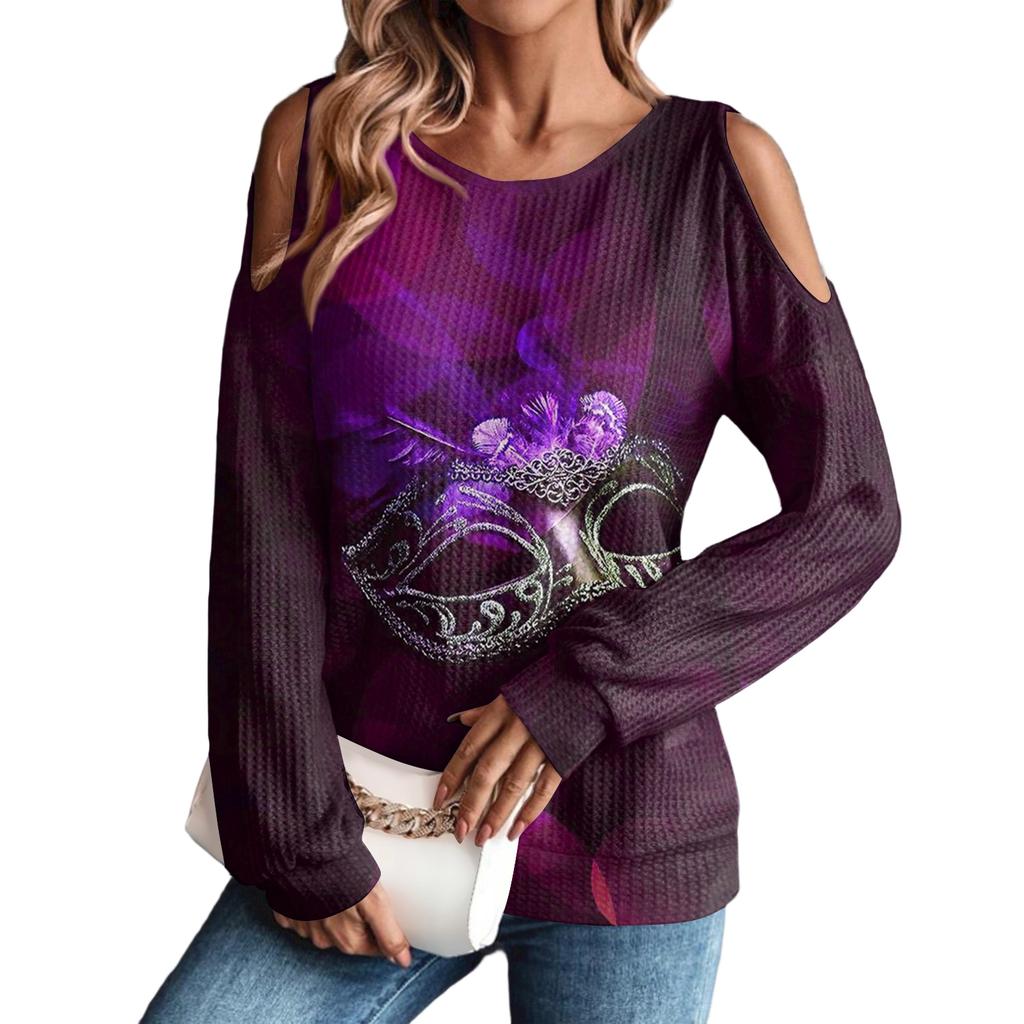 Damen Winter Oversized T-Shirt Modisch Schulterfrei Rundhals Vintage Blumendruck Pullover Langarm Oberteil