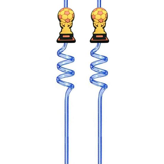 2Pcs Soccer Theme Spiral Straws, PET Reusable Curved Drinking Straws with Football Charm, World Mug Party Beverage Decor