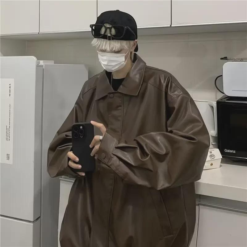 Unisex American Retro Brown PU Leather Motorcycle Jacket - 2024 Spring & Autumn Collection