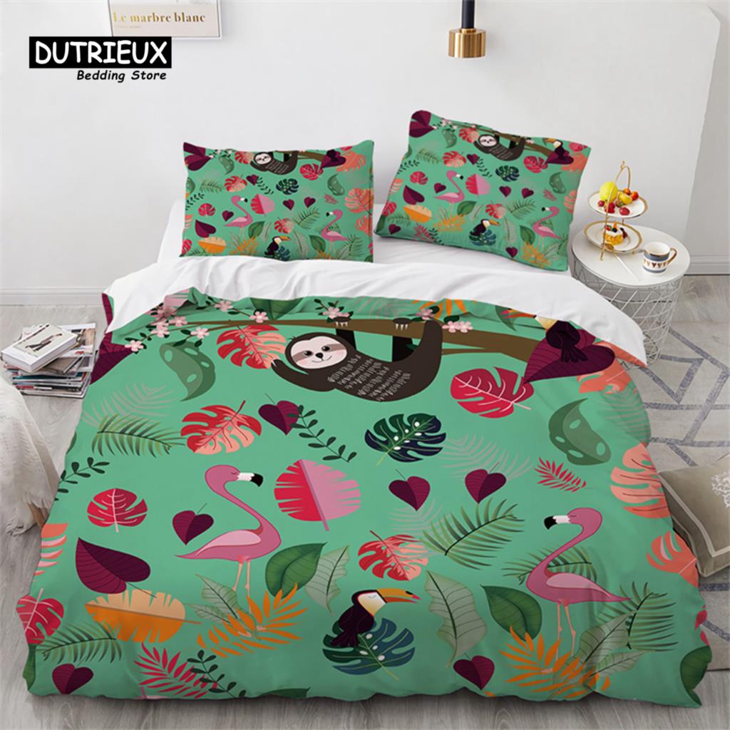 Niedlicher Faultier Bettbezug Einzelbett Cartoon Tier Bettwäsche Set Mikrofaser Floral Blätter Steppdeckenbezug Für Teenager Mädchen Jungen Kawaii Raumdeko