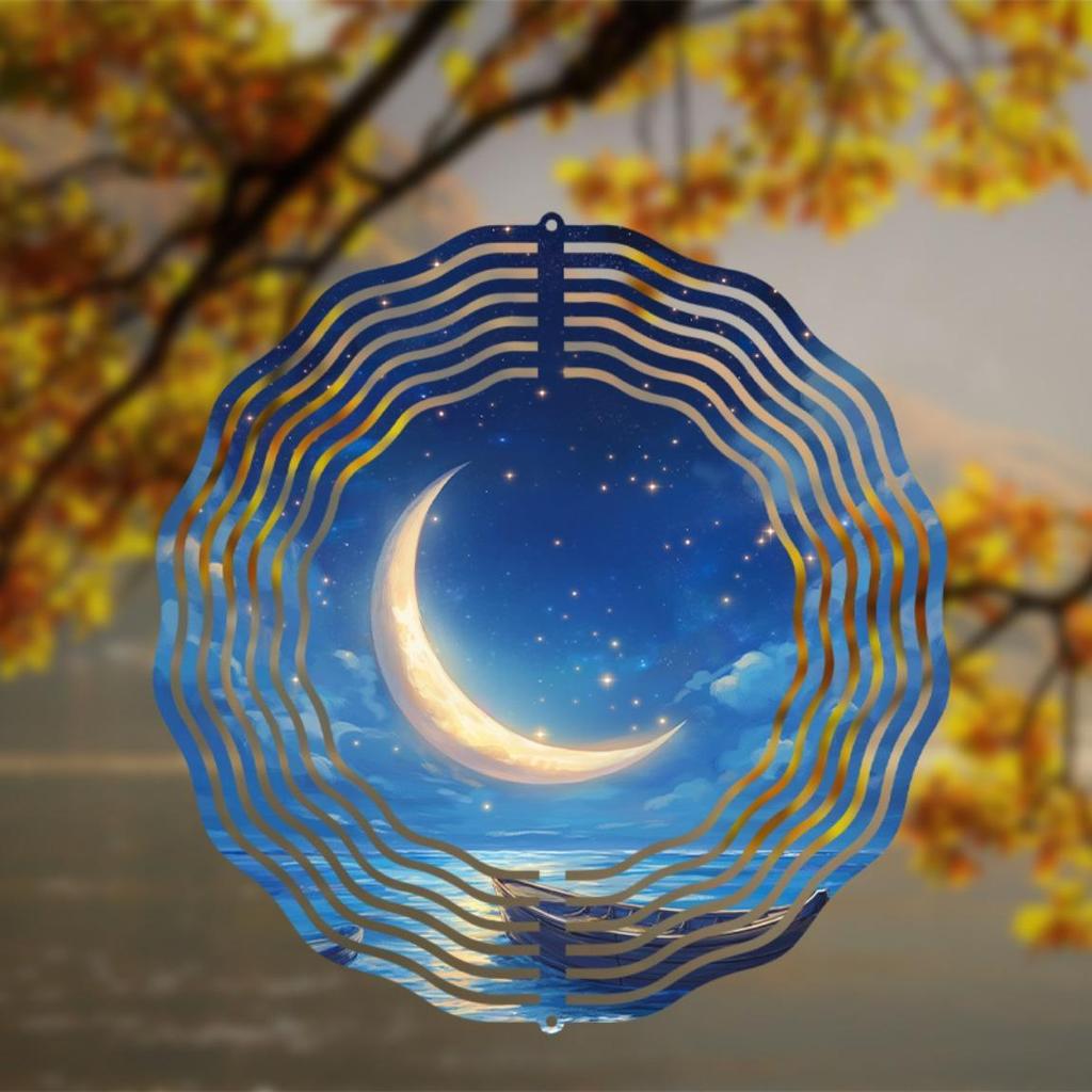 Metallisches Blaugoldenes Windspiel 360 Grad Drehend Outdoor Gartendekor für Alle Jahreszeiten Perfektes Geschenk für Naturliebhaber Mond Design