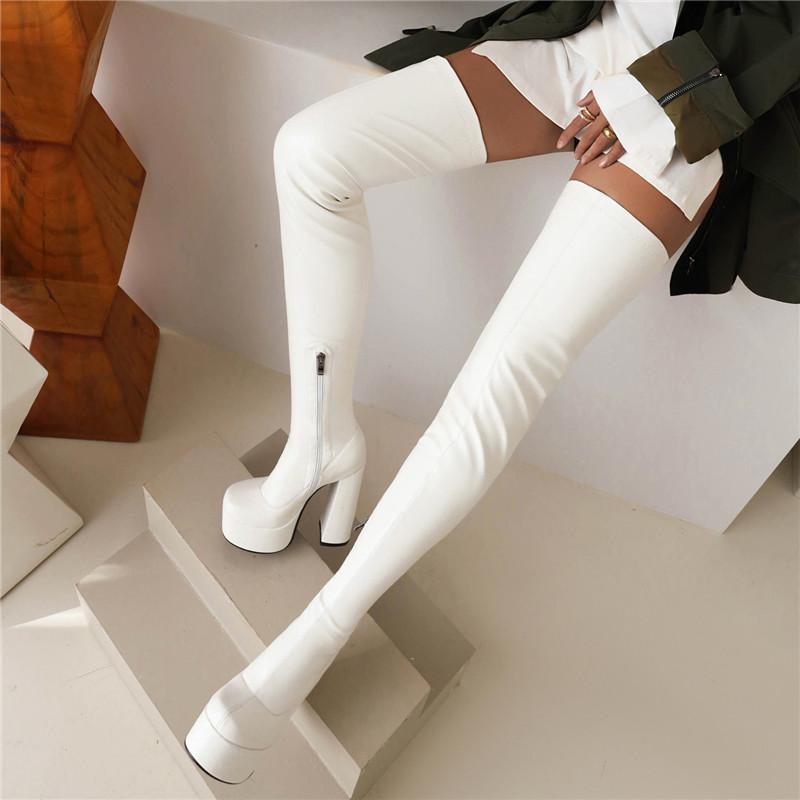 Stivali col tacco alto da donna, stivali sexy europei e americani impermeabili con plateau, tacco spesso, tinta unita, grandi dimensioni, al ginocchio