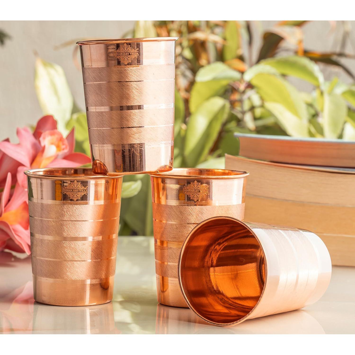 

Медный стакан – 275 мл, Элегантная посуда для воды, Аюрведические преимущества и ежедневное использование, Идеально подходит для дома, офиса и в качестве подарка, Набор из 4 штук