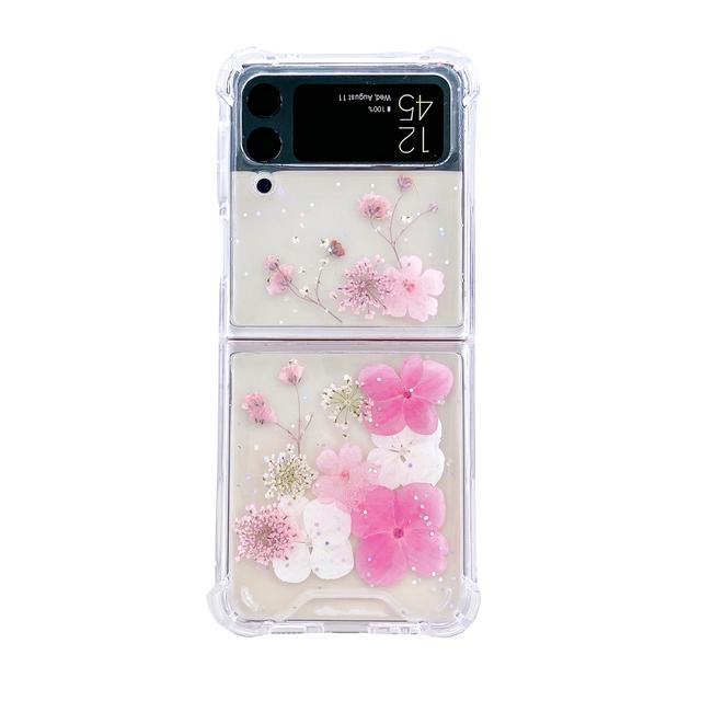 For Samsung Galaxy Z Flip 4 3 Flip4 Case Transparent Glitter Real Flower Clear Shockproof Protective Hard Back Cover Accessories