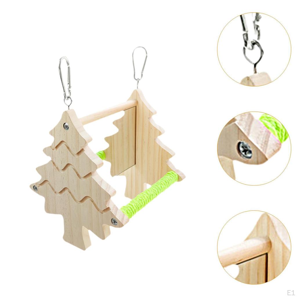 Parrot Double Sided Mirror Stand Cage Accessory Decor Standing Chewing Hanging Wooden Bird