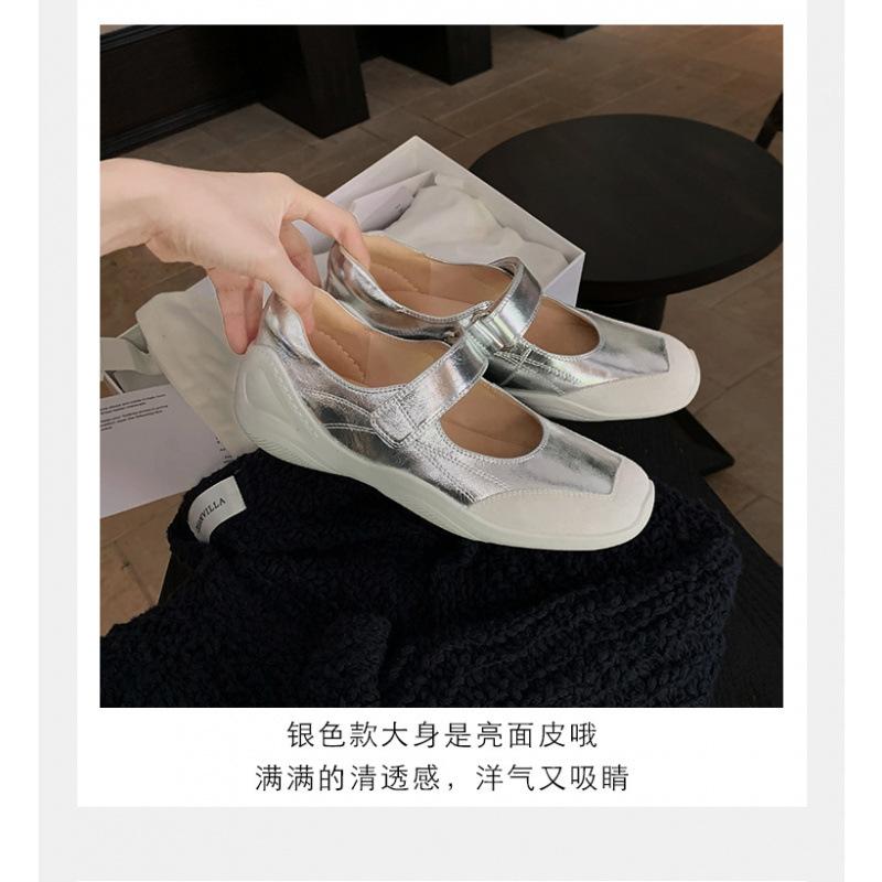 Lazy Velcro Soft Functional Wind Flat Bottom Leather Mary Jane Single Shoes Women's Spring and Autumn