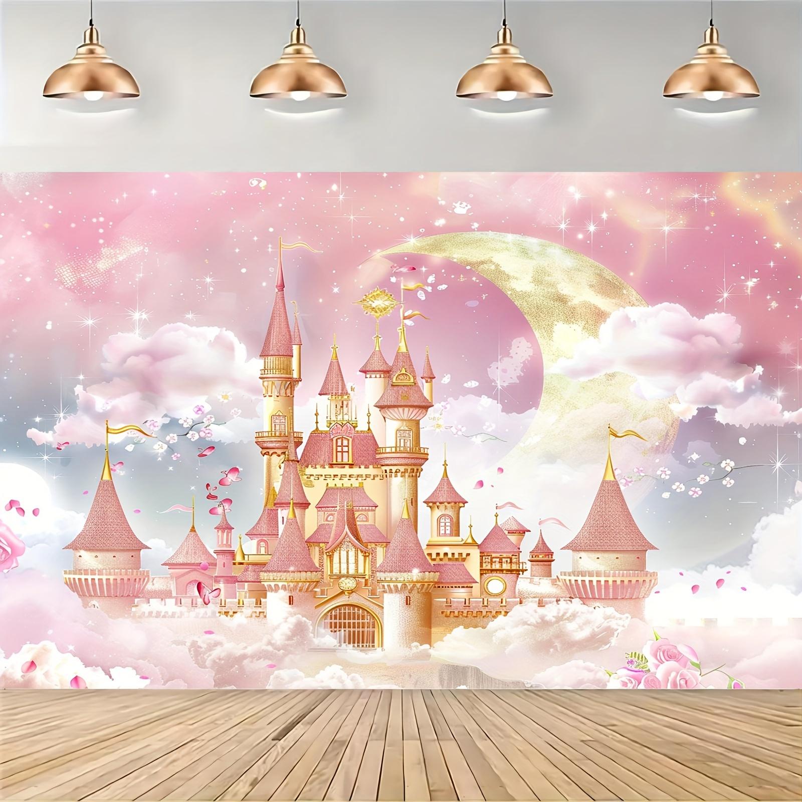 A 2D background banner featuring a princess castle for a girl s birthday with a theme of pink moon stars clouds and flowers 100x150cm
