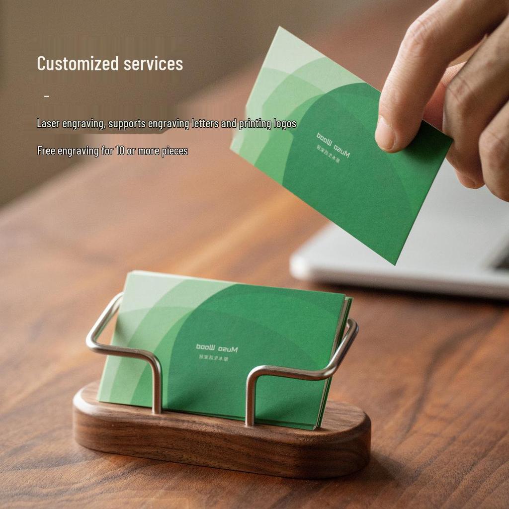 High-End Black Walnut Business Card Holder for Reception Desk with Large Capacity and Custom Logo.