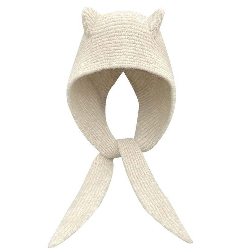 Lovely Devil Ear Knit Hat With Neck Wrap Breathable Pullover Hat For Women Daily Outfit and Outdoor Cycling Walking